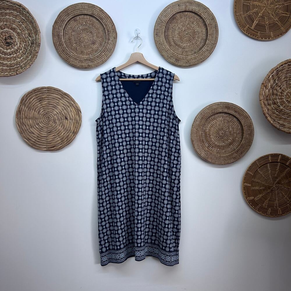 J. Jill Sleeveless Above Knee Mini Dress Large Blue White V-Neck Summer Layering